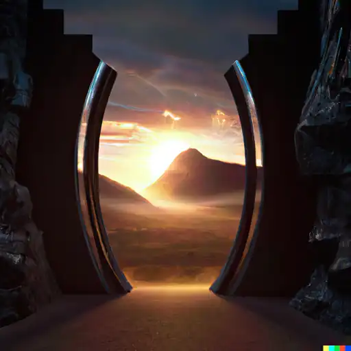 DALL·E 2022 10 25 17.05.19   a futuristic Portal to another dimension as Breakthrough in a wall and behind are the tops of the mountains with a sunrise, digital Art  gigapixel art scale 6_00x
